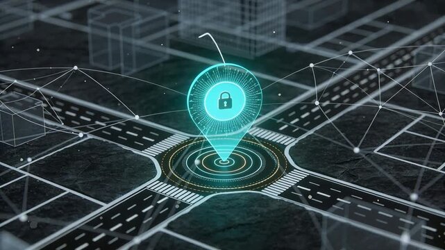 Activating hologram pin pulsing into cyan beam over city junction, signaling padlock icon