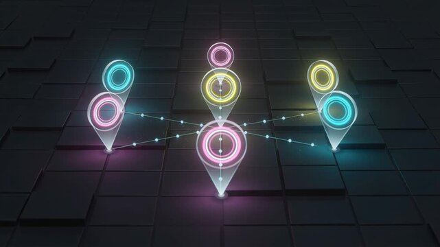 Glowing bases sparking center pink marker firing beams 3 outer color markers linking on dark tiles