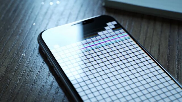 Starting animation on phone black bezel notch showing white pixels filling grid on dark wood desk