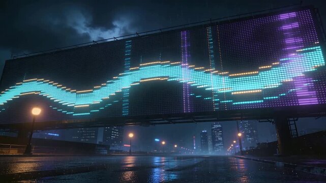 Starting pixel animation, billboard showing cyan gold ribbon over wet roadway, pulsing reflections