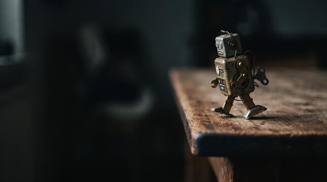 Vintage Wind-Up Toy Robot Walking Toward Edge of Wooden Table Representing Loss of Control and AI Risk