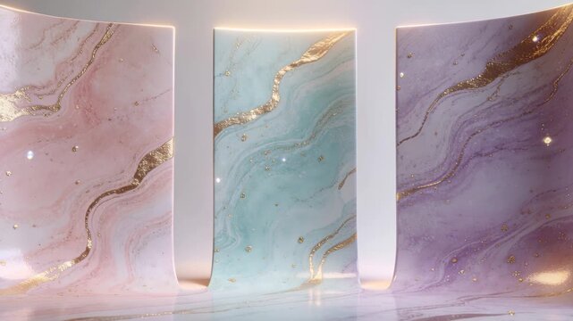 Shining rim lights coaxing triptych marble panels to reveal veining at studio gallery