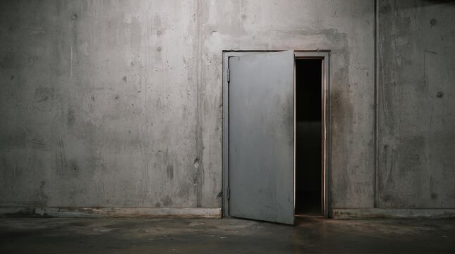 Small Metal Door Slightly Open in Bare Concrete Wall Representing Hidden Backdoor and Security Vulnerability