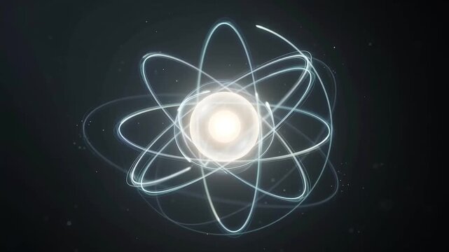 Abstract Science Background with Orbiting Light Particles Around a Glowing Atomic Nucleus