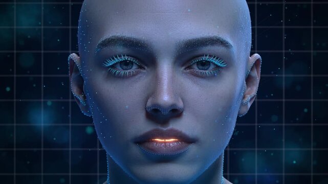 Starting cyan dots, mapping system scanning avatar face in lab, creating face map with lit lashes
