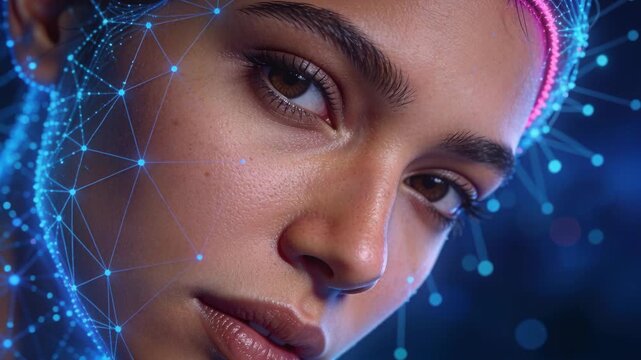 Digital overlay activating, woman undergoing facial mapping in studio with blue node mesh
