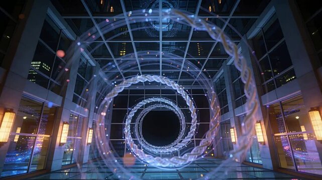 Expanding translucent braided spiral rings on start rotating in tall night atrium