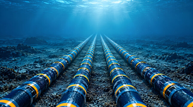 Underwater fiber optic cables resting on the ocean floor, transporting global internet data and telecommunication networks across deep blue seas