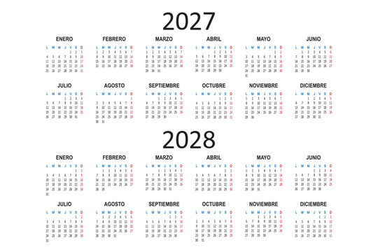 Spanish calendar 2027 2028 years. Week starts on Monday. Simple business daily banner. Vector illustration isolated on white background.