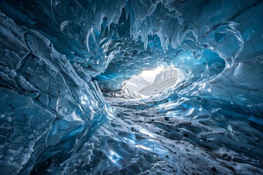 Breathtaking view from inside a deep blue glacier ice cave looking out towards a snowy mountain landscape