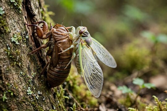 A cicada emerging from its old exoskeleton on a tree trunk in the forest