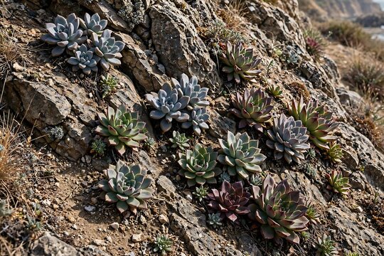 Wild succulents growing on a rocky cliffside in a natural coastal landscape