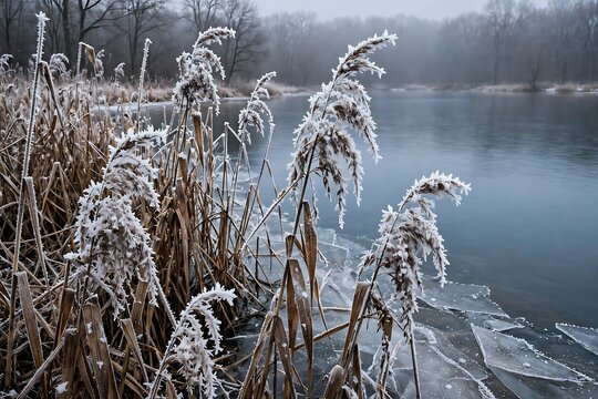 Frostcovered reeds along a partially frozen river on a cold, misty winter morning