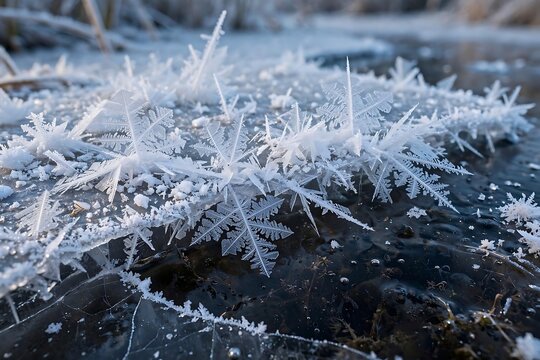 Closeup of intricate frost crystals and snowflakes forming on a frozen pond surface in winter