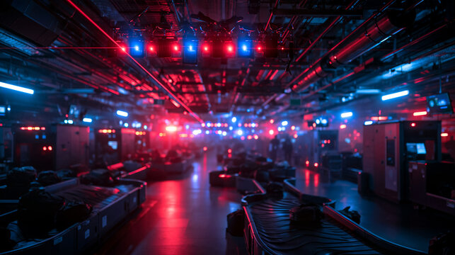 Baggage Claim Conveyor System in Futuristic Neon Lighting