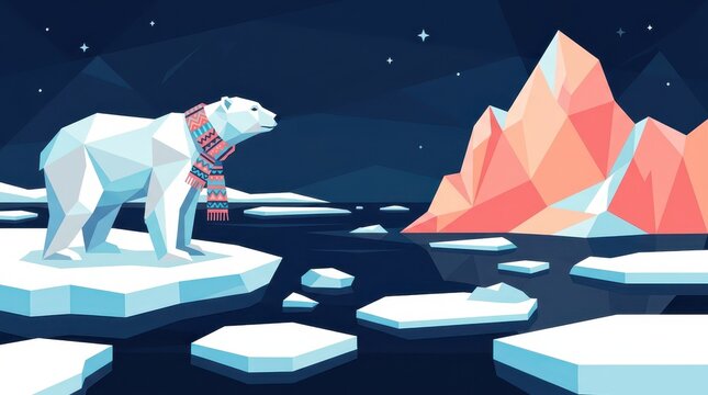 Polygonal polar bear stands on ice floes against a mountainous backdrop