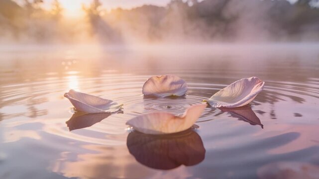 Floating four pale rose petals bobbing and drifting after center ripple on lake, sunrise mist