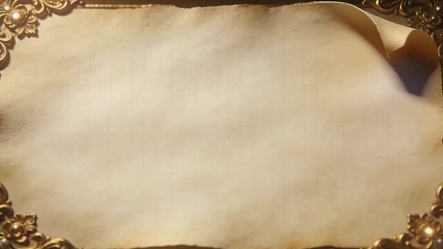 Sweeping light moving across aged-parchment in ornate gold frame, emphasizing curled corner texture