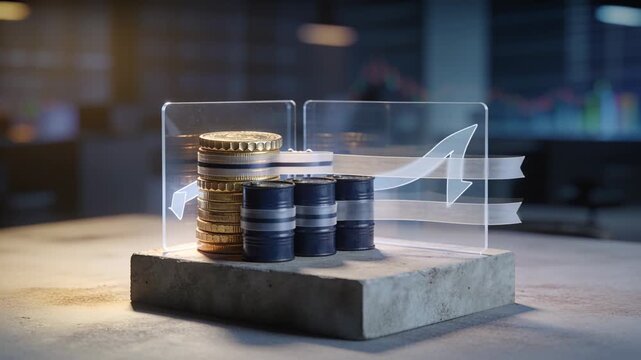 Sliding sheer ribbons wrapping coin stack and black barrels on studio table, aligning upward arrow