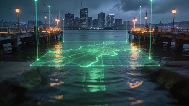 Faint grid brightening hologram map rising over harbor at dusk, raising neon pillars forming frame