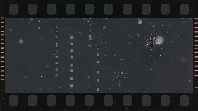 Starting play, center panel shifting pixels, bursts and bokeh at filmstrip border for retro effect