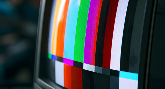 Analog television calibration chart, featuring colorful vertical stripes and grayscale squares, evokes nostalgic broadcast signals, reminiscent of vintage television test patterns, old-school TV calib