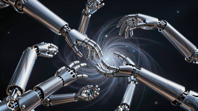 Metallic robot arms reach toward a swirling cosmic vortex in deep space.