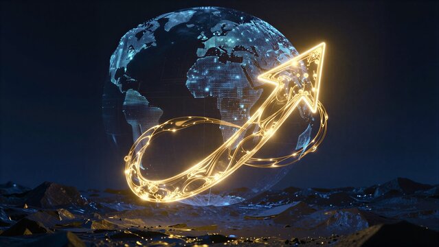 Glowing arrow points upward through digital globe, symbolizing global progress and innovation.