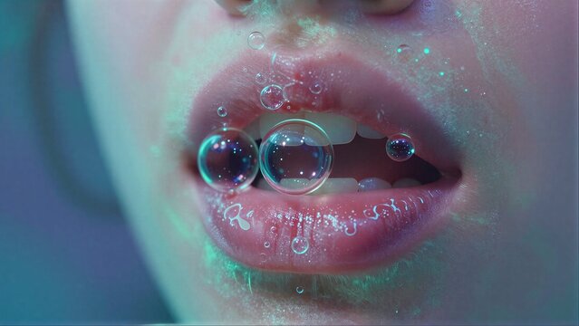 Close-up of lips with bubbles, soft blue-purple lighting.
