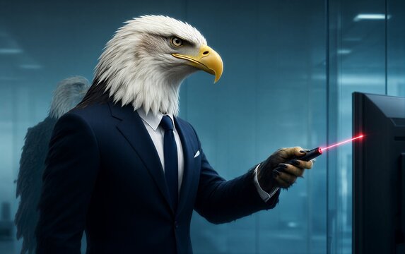 Eagle in suit holds laser pointer, reflecting sternly in glass office walls.