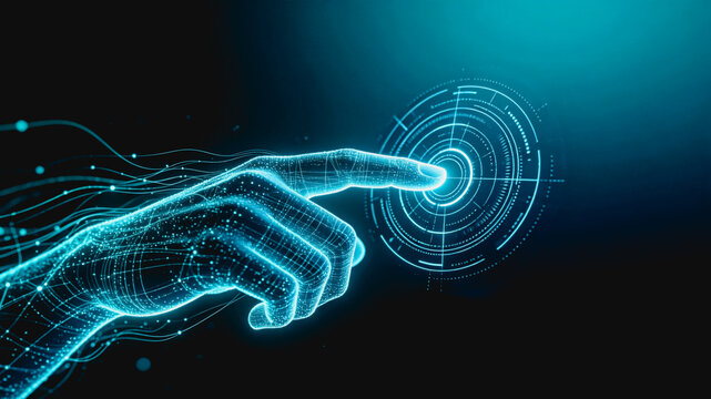 A glowing digital wireframe hand touches a futuristic circular interactive interface, representing modern digital interaction and technology.