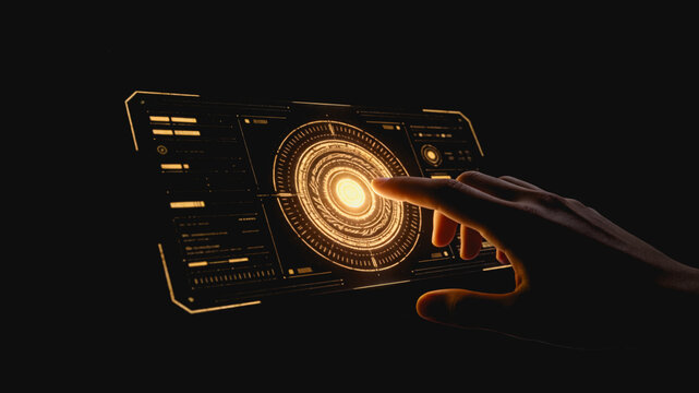 A person's finger touches a glowing concentric holographic interface on a dark futuristic digital panel.