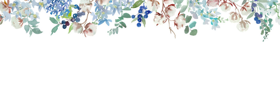 Watercolor Botanical Seamless Background with Abstract Hand-Painted Cotton Flowers, Blue Berries, Delphinium and Leaves for Banners, Gift Wrapping and Surface Design