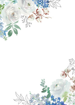 Watercolor Winter Botanical Background with Abstract Hand-Painted White Roses, Cotton Flowers, Delphinium and Silver Line Art for Wedding Invitations and Greeting Cards