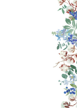 Watercolor Winter Botanical Background with Abstract Hand-Painted Cotton Flowers, Delphinium, Blue Berries and Leaves for Wedding Invitations and Greeting Cards