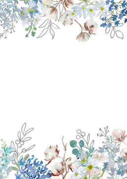 Watercolor Winter Botanical Background with Abstract Hand-Painted Cotton Flowers, Delphinium, Blue Berries and Leaves for Wedding Invitations and Greeting Cards