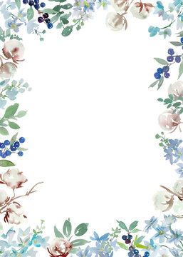 Watercolor Winter Botanical Background with Abstract Hand-Painted Cotton Flowers, Delphinium, Blue Berries and Leaves for Wedding Invitations and Greeting Cards