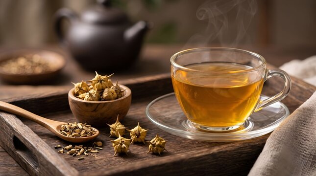 Herbal gokshura tea in a glass cup with dry tribulus terrestris fruits and wooden spoon on tray

