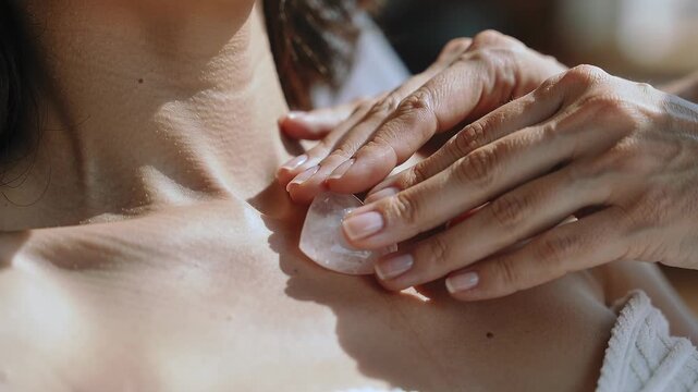 Placing ice cube near throat, therapist hands gliding over client clavicle to cool with white towel