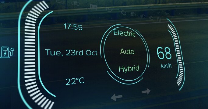 Digital dashboard displaying 68 km or h, clock 17:55 and highlighted Auto mode on dark vehicle panel