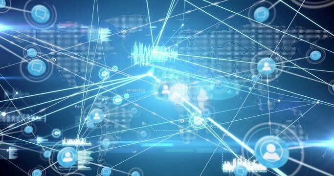 Dotted world map glowing with connection lines linking profile icons and data charts, copy space