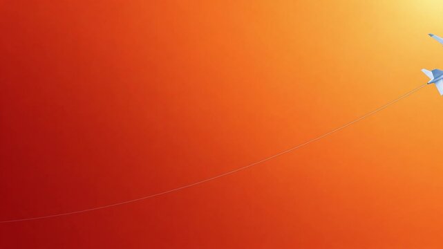 White Airplane Flying on a Orange Background with Curved Trail
