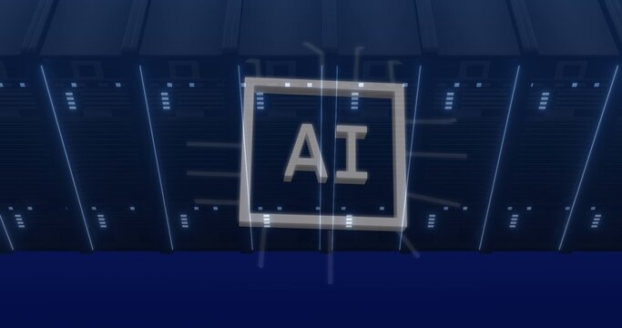 Large AI text inside square border glowing over dark blue circuit lines with diagonal streaks