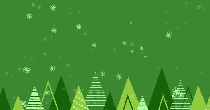 Evergreen trees featuring striped and dotted patterns lining green backdrop with snowflakes