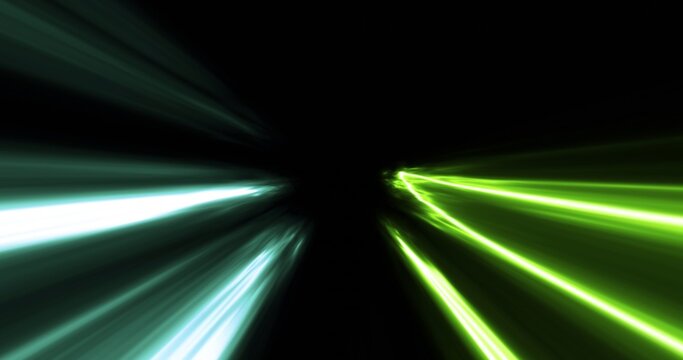 Pale and green light streaks radiating toward central dark void on black background, copy space