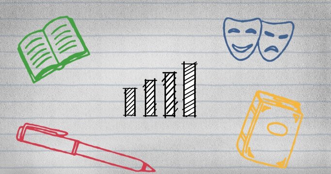 Lined paper holding colorful sketches of open book, theater masks, bar chart and closed book