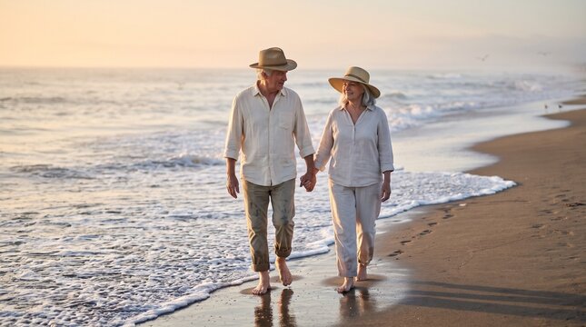 Happy senior couple holding hands walking on the beach at sunset