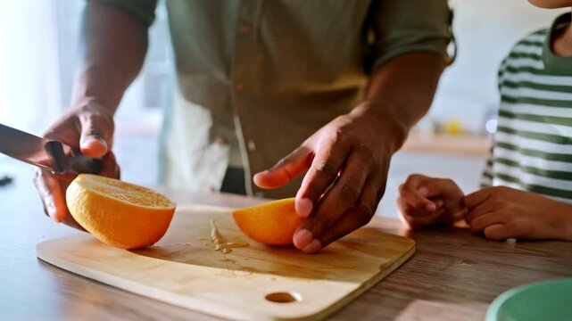 Closeup hands cutting orange board. Parent child preparing fresh fruit kitchen.