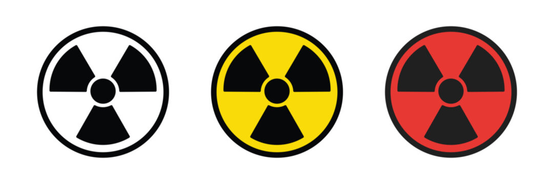 Radiation hazard warning symbol icon set, ionizing radiation and radioactive trefoil signs in yellow, red and white, nuclear energy and toxic danger vector collection