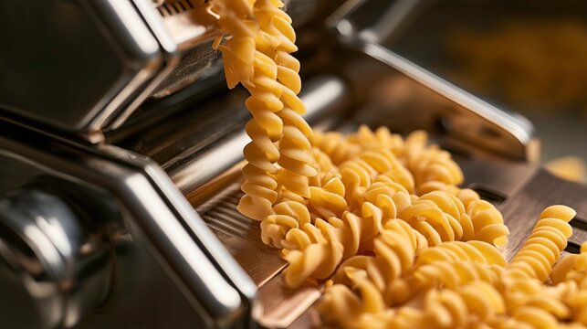 Freshly made fusilli pasta being extruded from a pasta machine  